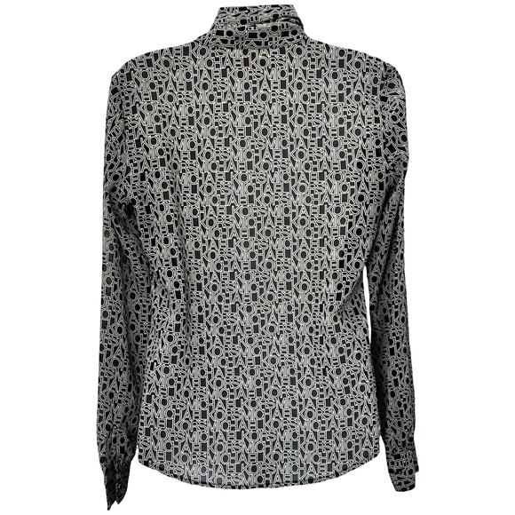 Michael Kors Black White Lettering Viscose Blend Tie-Neck Blouse size XS *GOOD* - Picture 6 of 12